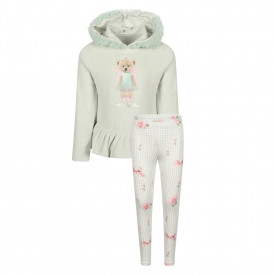 Teddy Print Mesh Detailing Hoodie and Leggings Set in Light Green