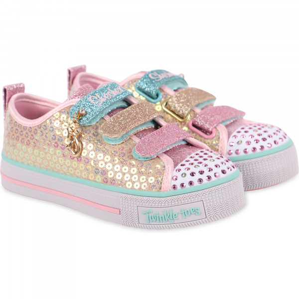 Light-Up Velcro Straps Glittery Sneakers with Rhinestones in Pink and Golden