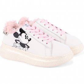 Vintage Mickey Platform Sneakers with Faux Fur Interior in White