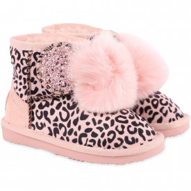 Leopard Glitter and Faux Fur Pom Pom Detailing Ankle Boots in Pink