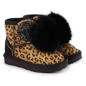 Leopard Glitter and Faux Fur Pom Pom Detailing Ankle Boots in Brown