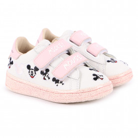 Mickey Mouse All-Over Velcro Straps Sneakers in White and Pink