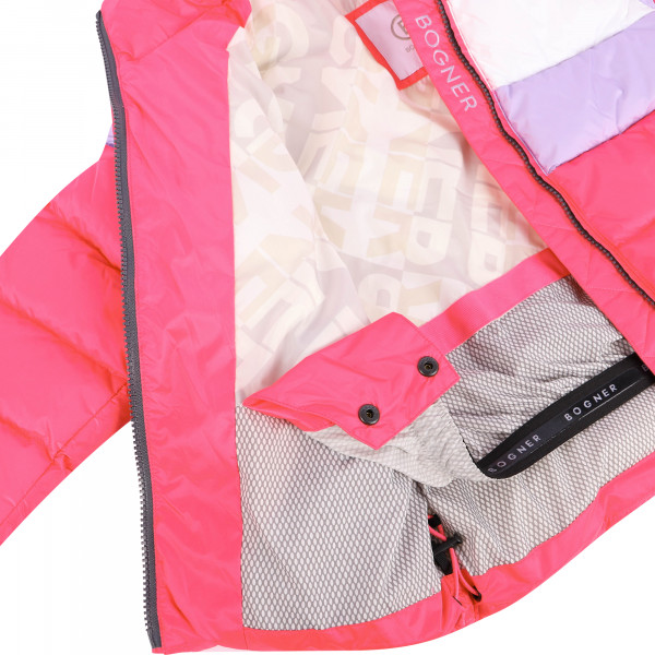 Color Block Down Padded Logo Ski Jacket in Pink, Purple and White