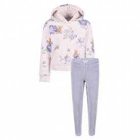 Flowers and Teddies Print Hoodie and Leggings Set in Pink and Purple