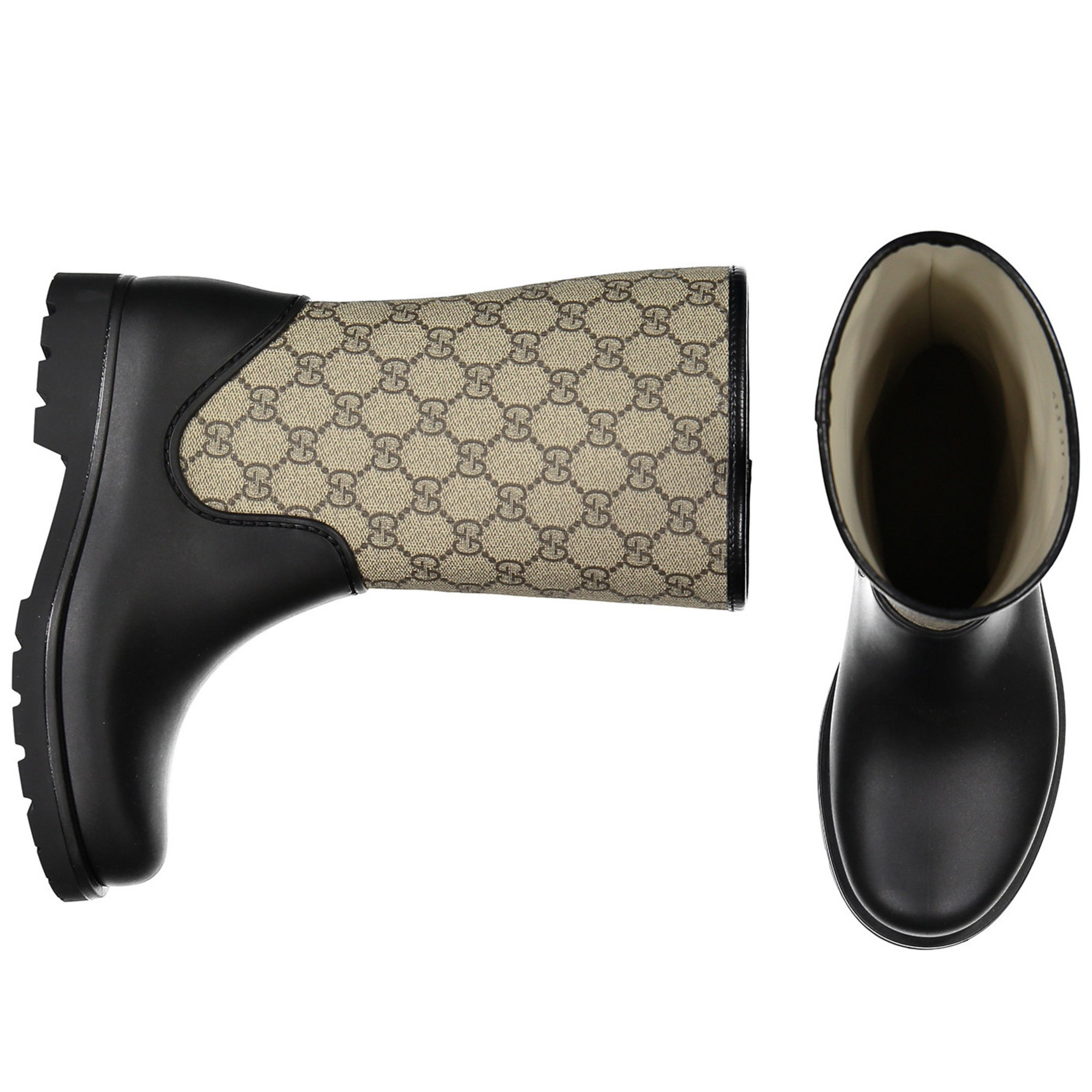 Gucci Rain Boots in Black and Beige with "GG" Logos for Girls