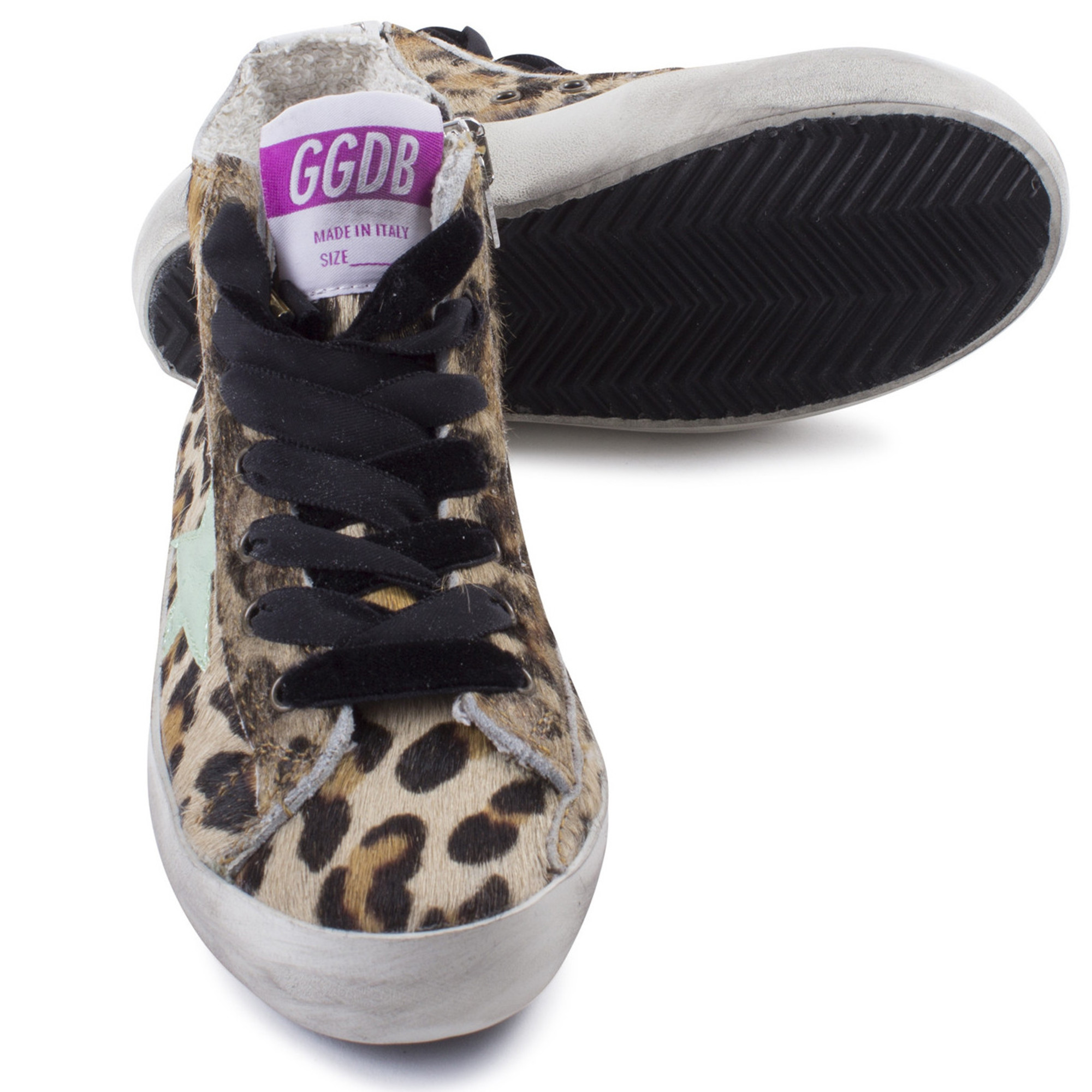 Golden Goose Girls Leopard Print High Top Sneakers with Metallic Green