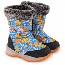 Autumn Leaves Print Winter Boots with Faux Fur Detailing in Blue