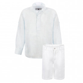 Classic Linen Set of Half-Buttoned Shirt and Bermudas in Light Blue and White