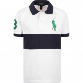 Logo Embroidery Polo Shirt with Contrasting Stripe in White and Navy