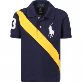 Logo Embroidery Polo Shirt with Contrasting Stripe in Navy and Yellow