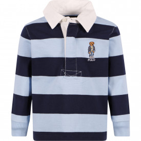 Bear Bear Embroidery Long-Sleeved Polo Shirt in Blue and Navy Stripes