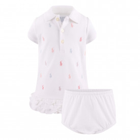 Colorful Logo Embroidery Ruffled Polo Dress with Bloomers in White