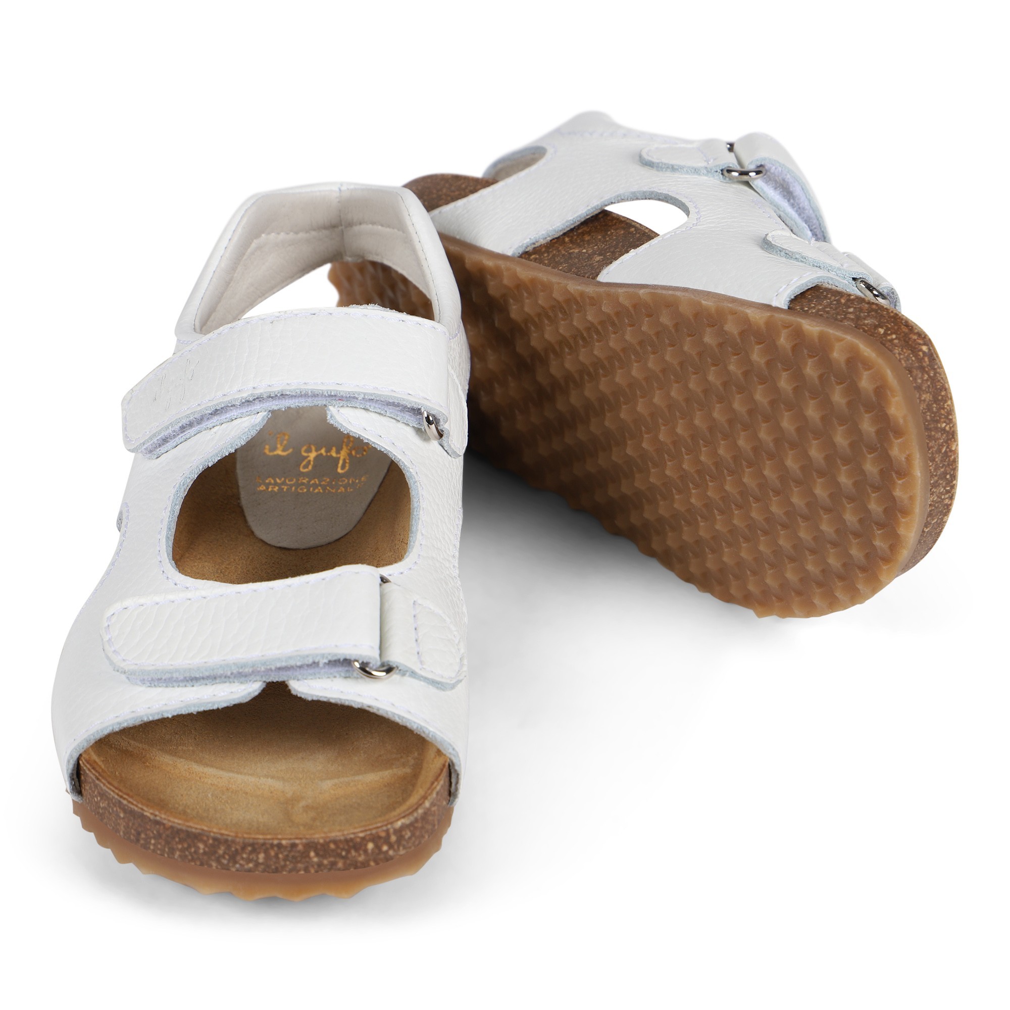 Il Gufo Velcro Strap Leather Sandals in White