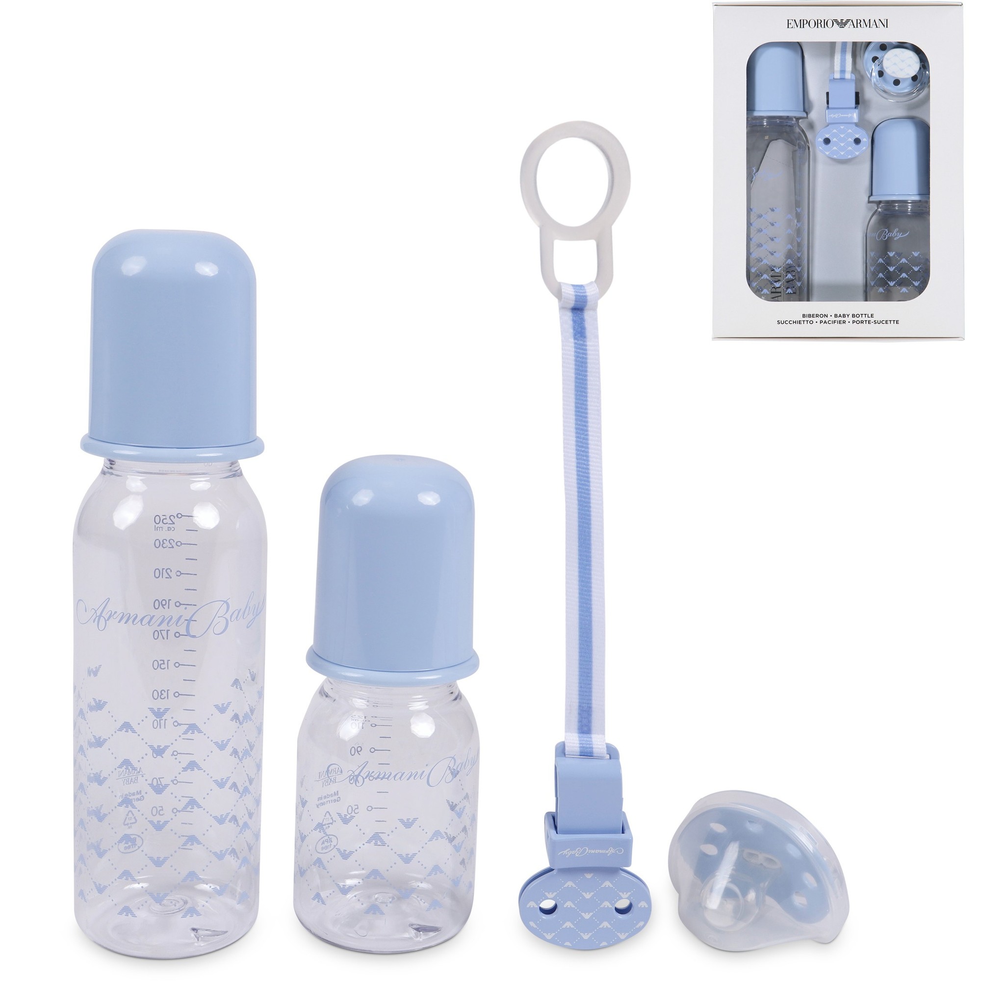Emporio Armani Baby Bottle & Pacifier Set in Blue —