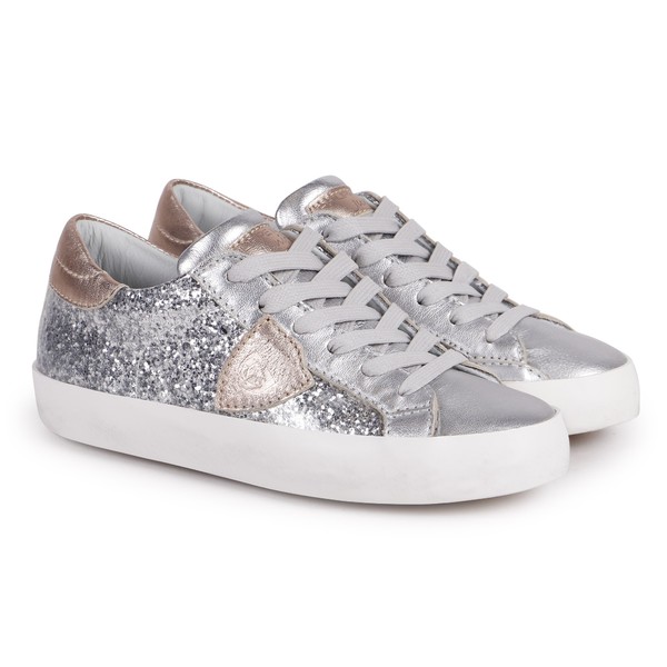 Girls Silver Glitter Lace-Up Sneakers